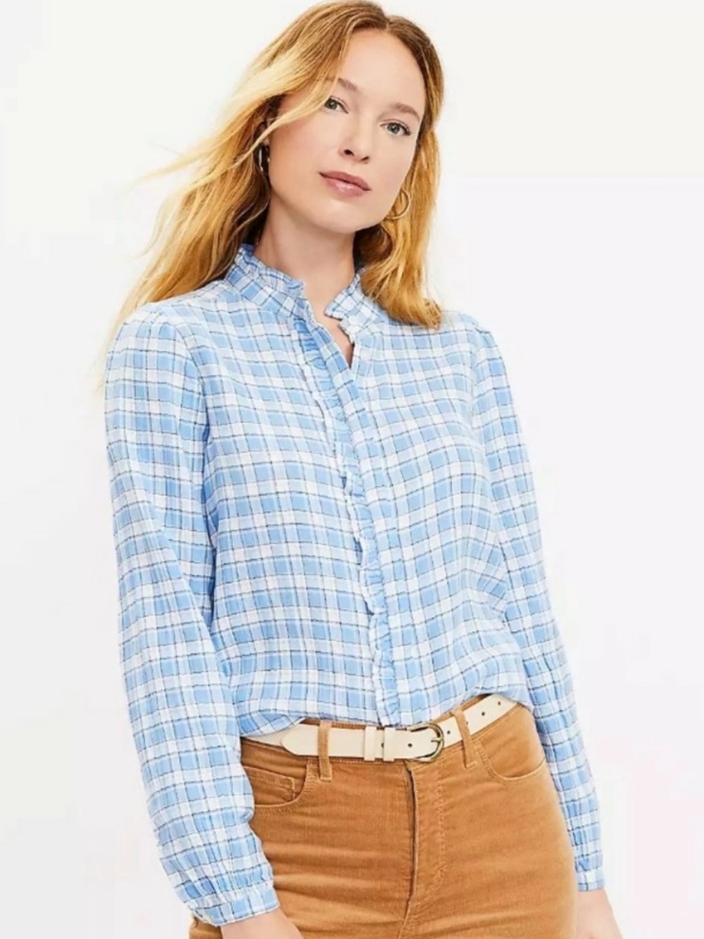Loft Light Blue And White Ruffle Top L